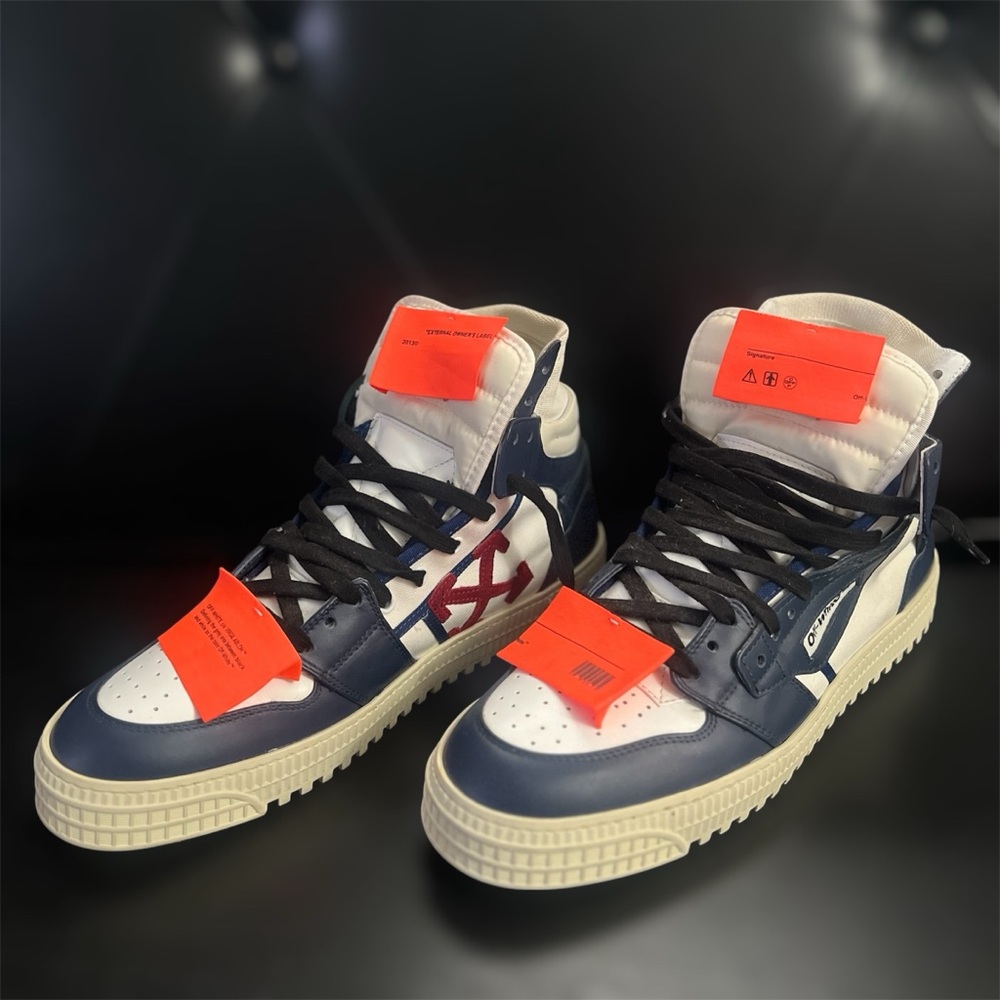 Off-White Dark Blue and White High Top Sneakers - Picture 4 of 9